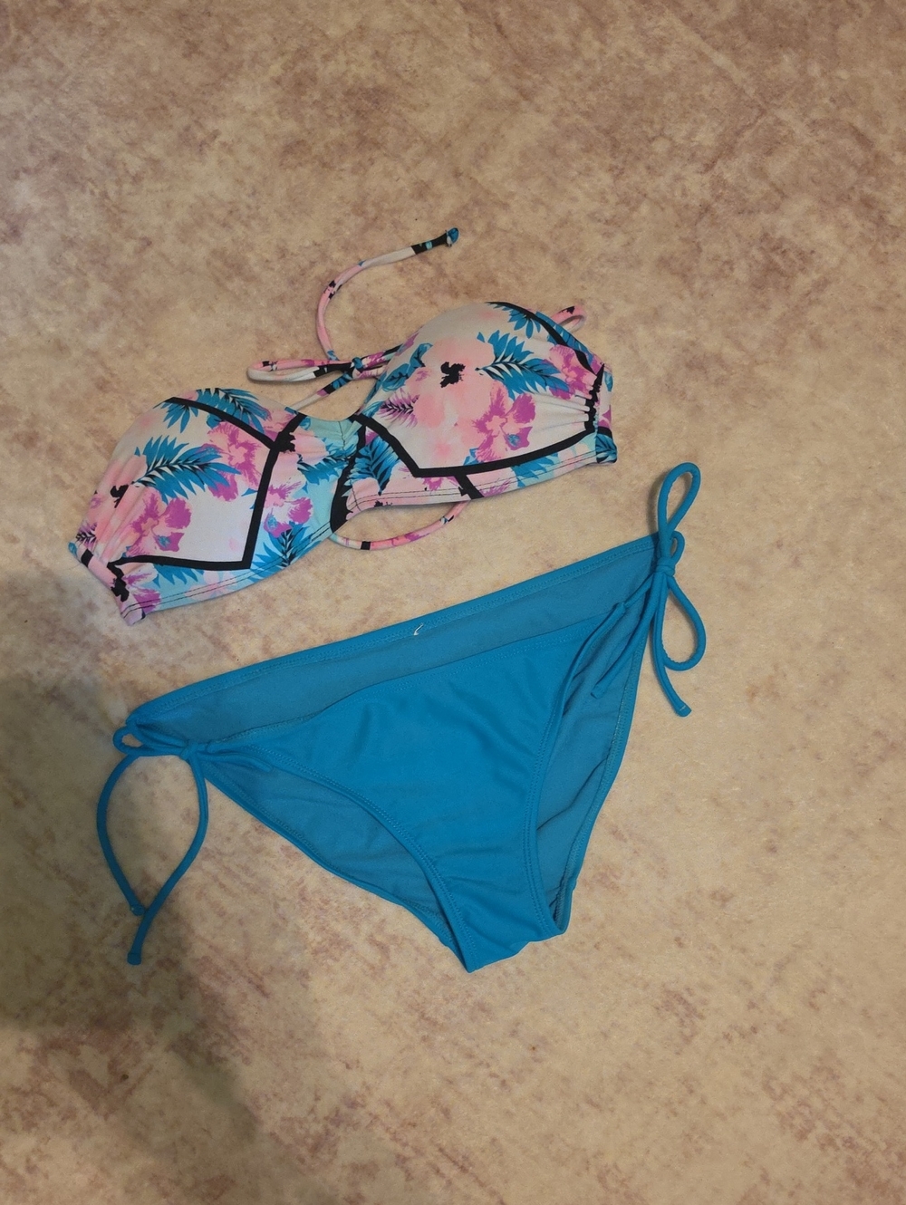 Floral Bandeau Bikini Top and Teal Tie-Side Bottoms - Women Swim